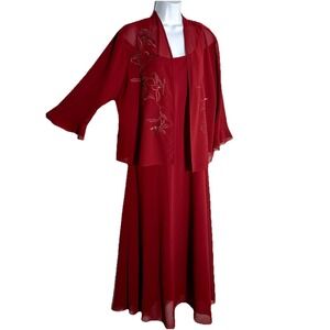 Chiffon Overlay  Dk Red Dress Special Occasion  Jacket Embroidery Bead 2 Pc 18T